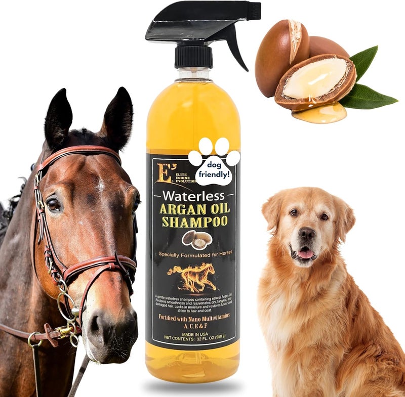 E3 Waterless Argan Oil Shampoo for Horses - Convinient Care for Mane & Tail, Effortless Application, Nourishes Hair & Skin, Versatile use, Time-Saving Solution, Amazing Smell 32 oz - Image 1